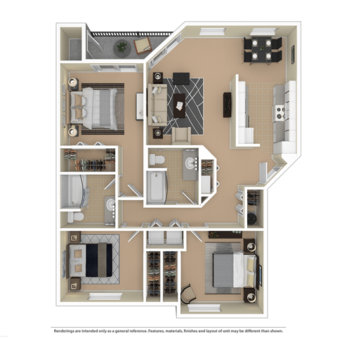 Floor plan for 3 beds, 2 baths, 1185 sqft